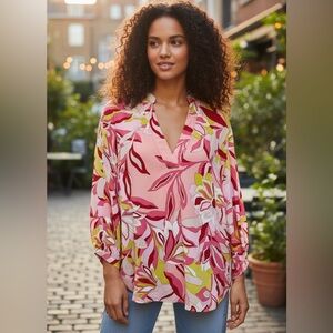 Ivy Jane Vibrant Pink and Green Floral Bohemian Blouse
